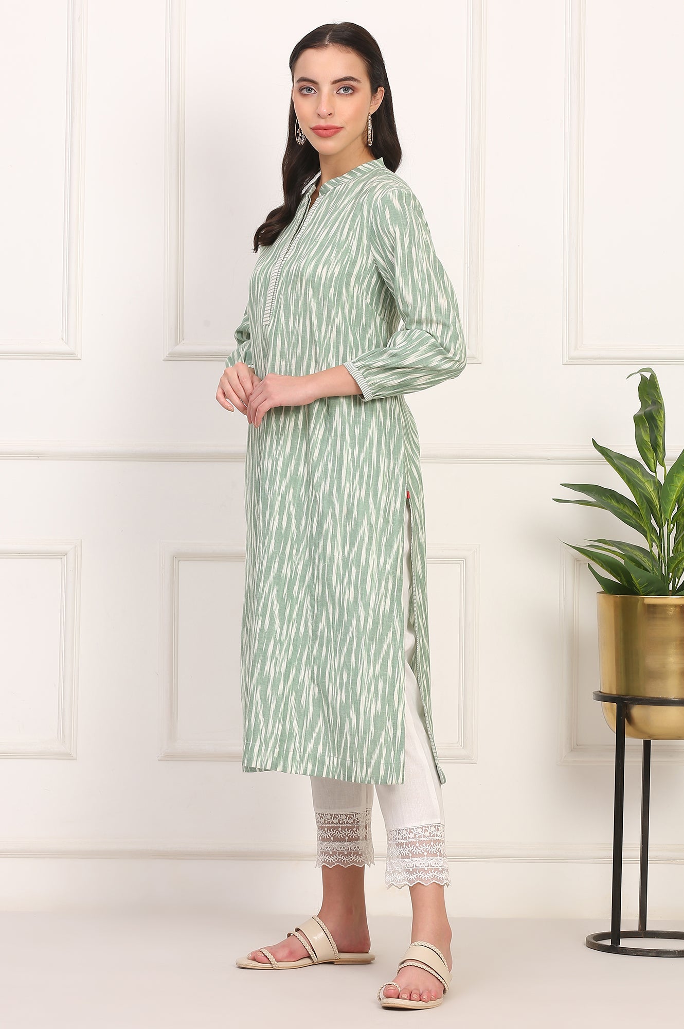 New Sage Green Ikat Printed A-Line Pure Cotton Kurta