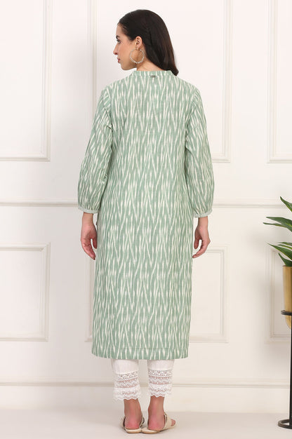 New Sage Green Ikat Printed A-Line Pure Cotton Kurta