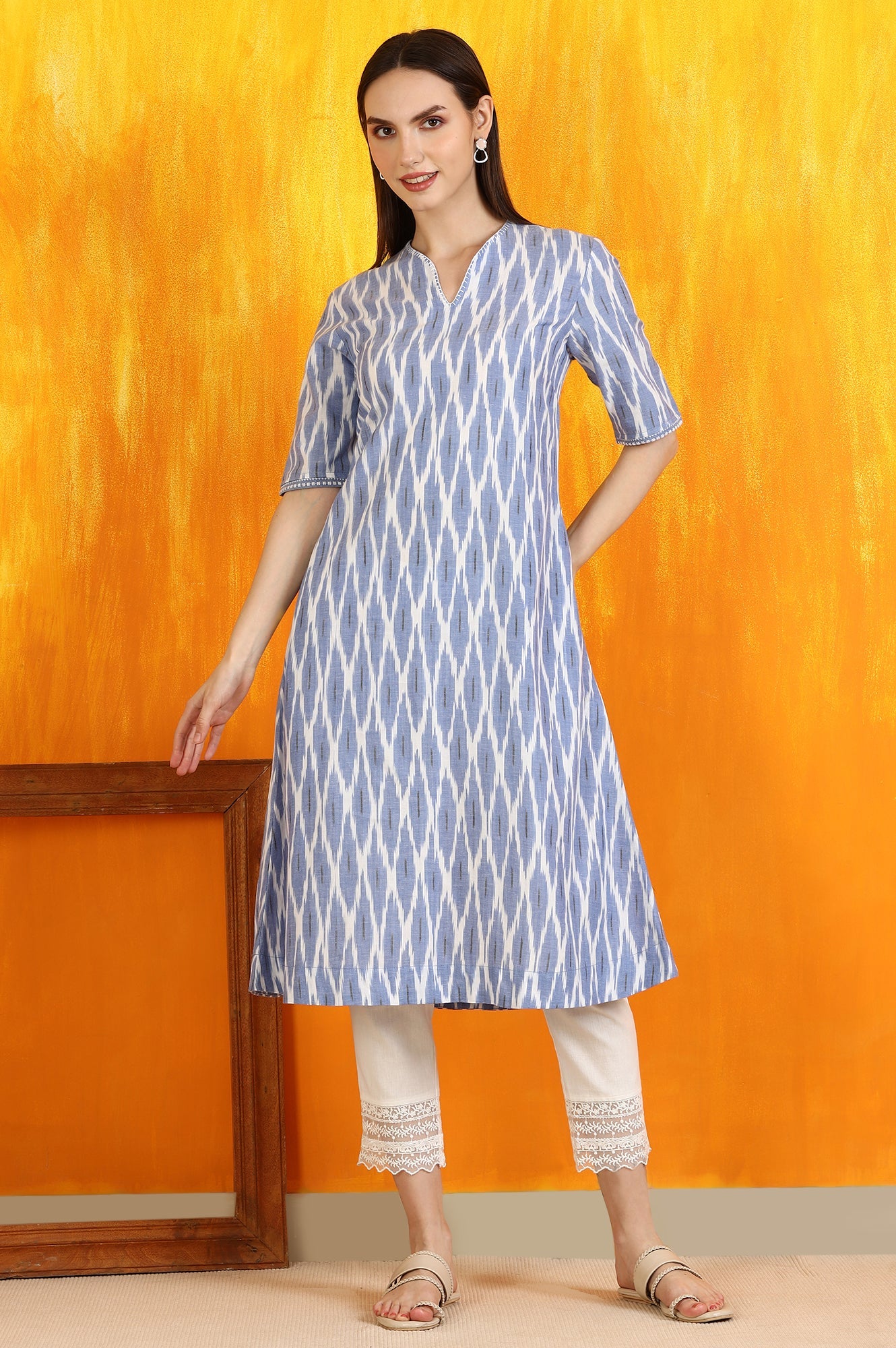 Cobalt Blue Ikkat Yarn Dyed Pure Cotton Straight Kurta