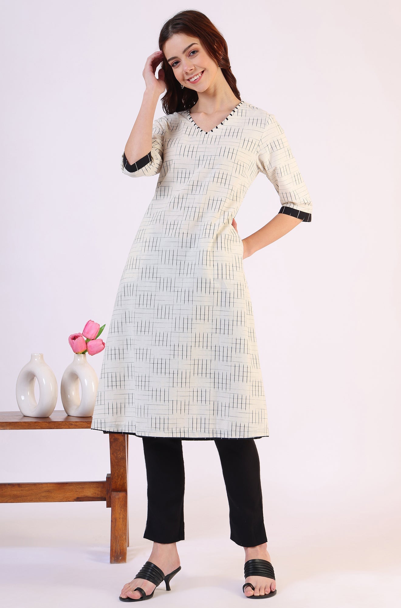 White Ikkat Yarn Dyed Pure Cotton Straight Kurta