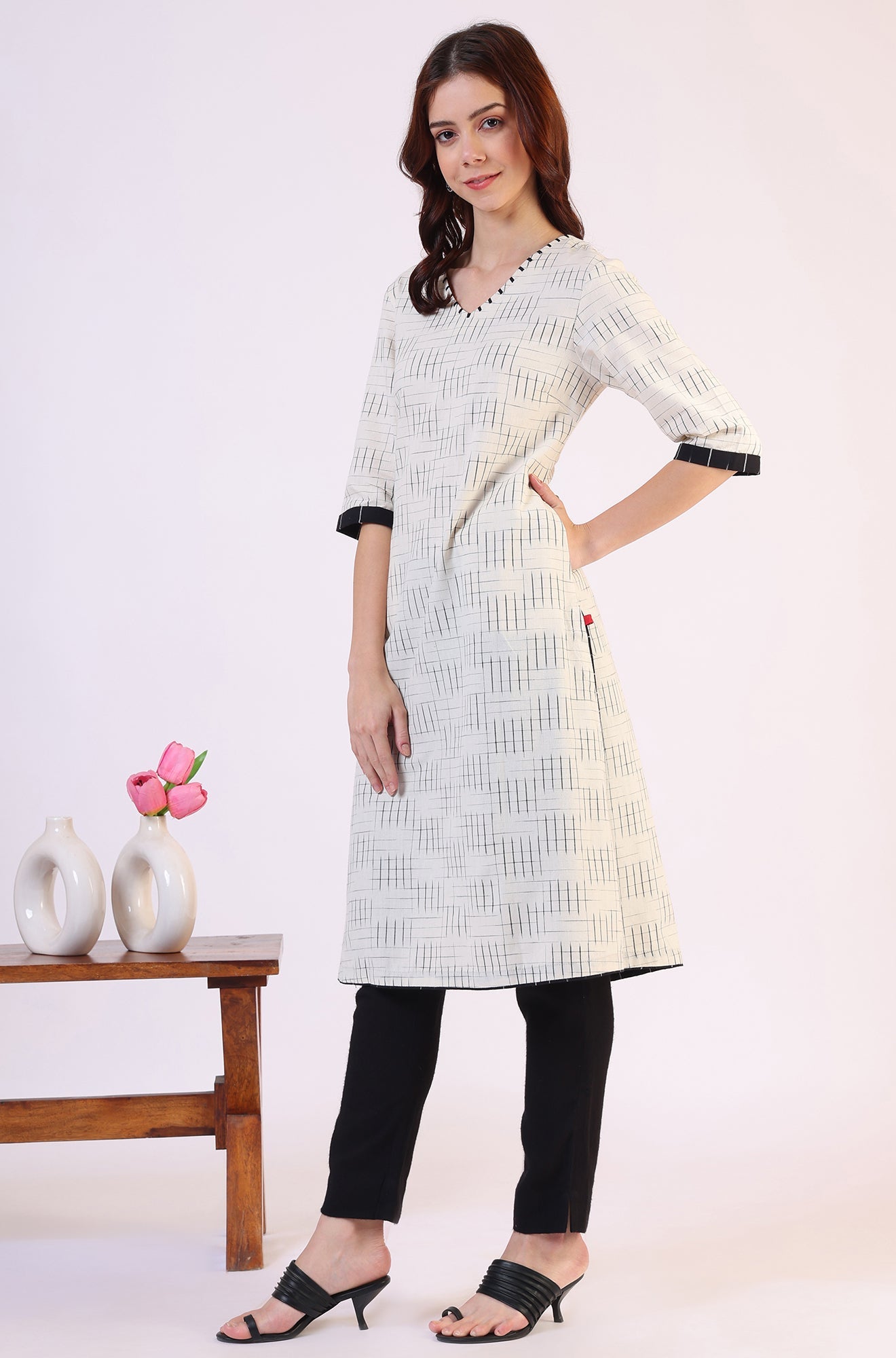 White Ikkat Yarn Dyed Pure Cotton Straight Kurta