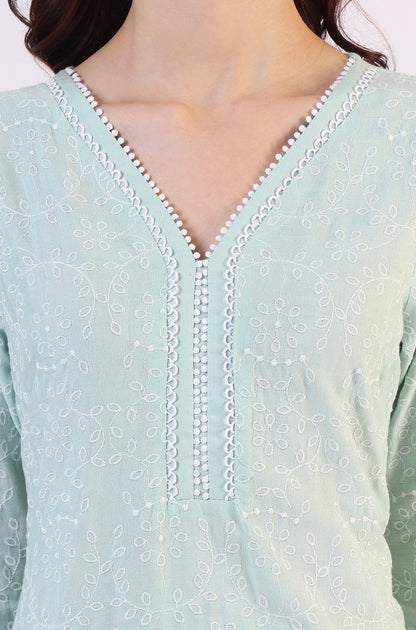Blue Schiffli Embroidered Straight Rayon Kurta