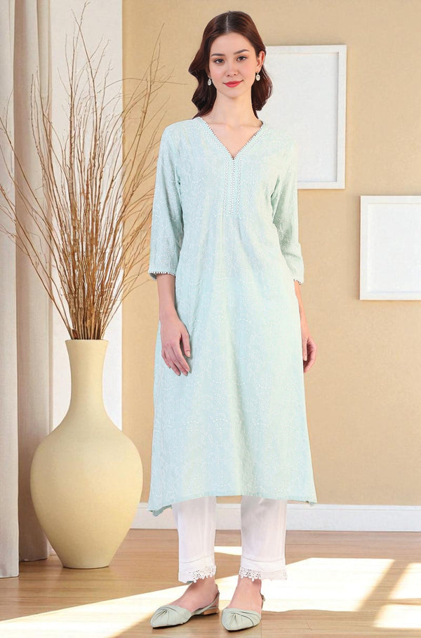 Blue Schiffli Embroidered Straight Rayon Kurta