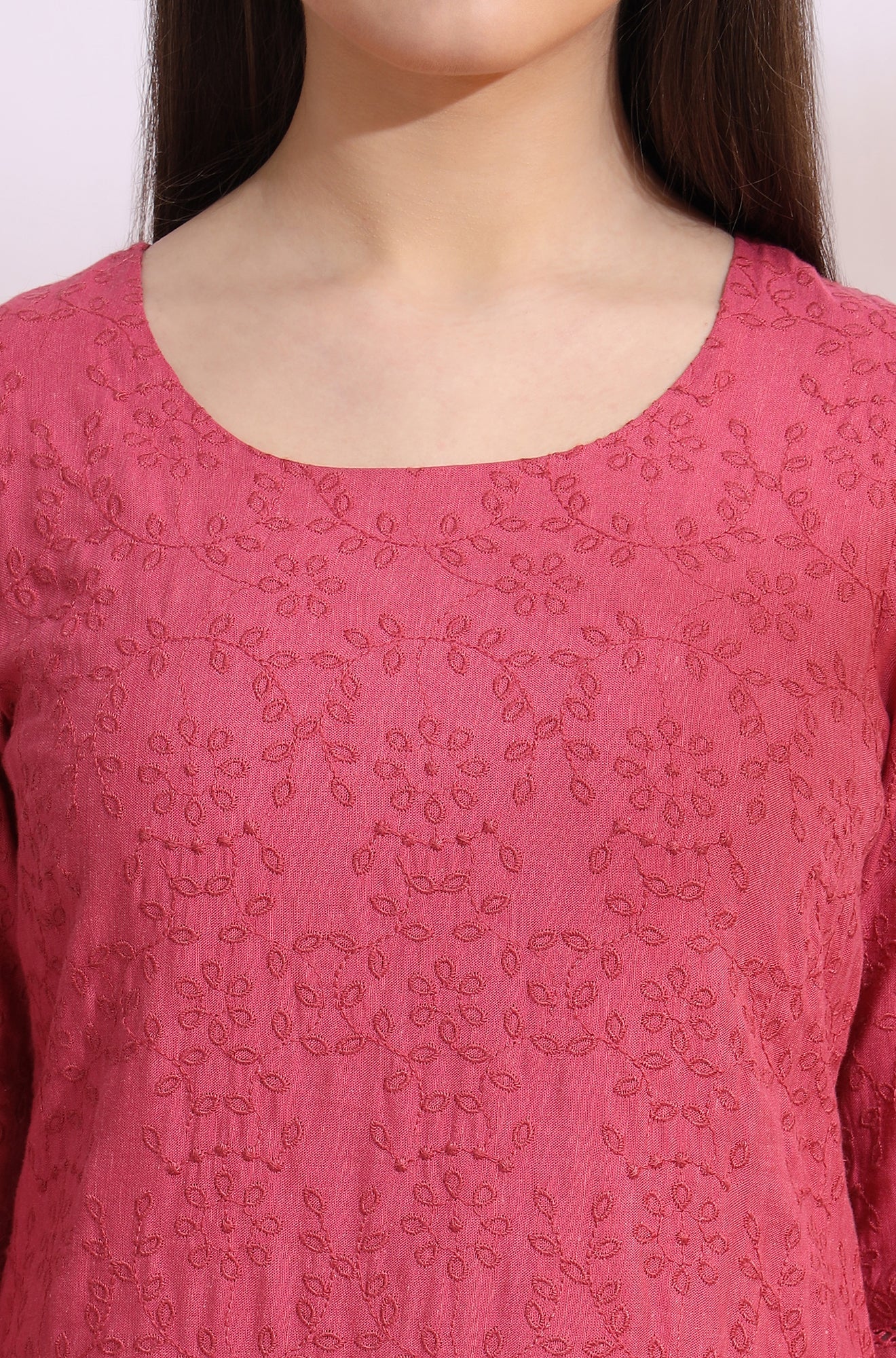 Pink Floral Schiffli Embroidered Straight Kurta in Round Neck