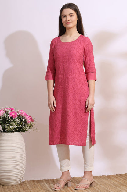 Pink Floral Schiffli Embroidered Straight Kurta in Round Neck