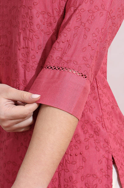 Pink Floral Schiffli Embroidered Straight Kurta in Round Neck