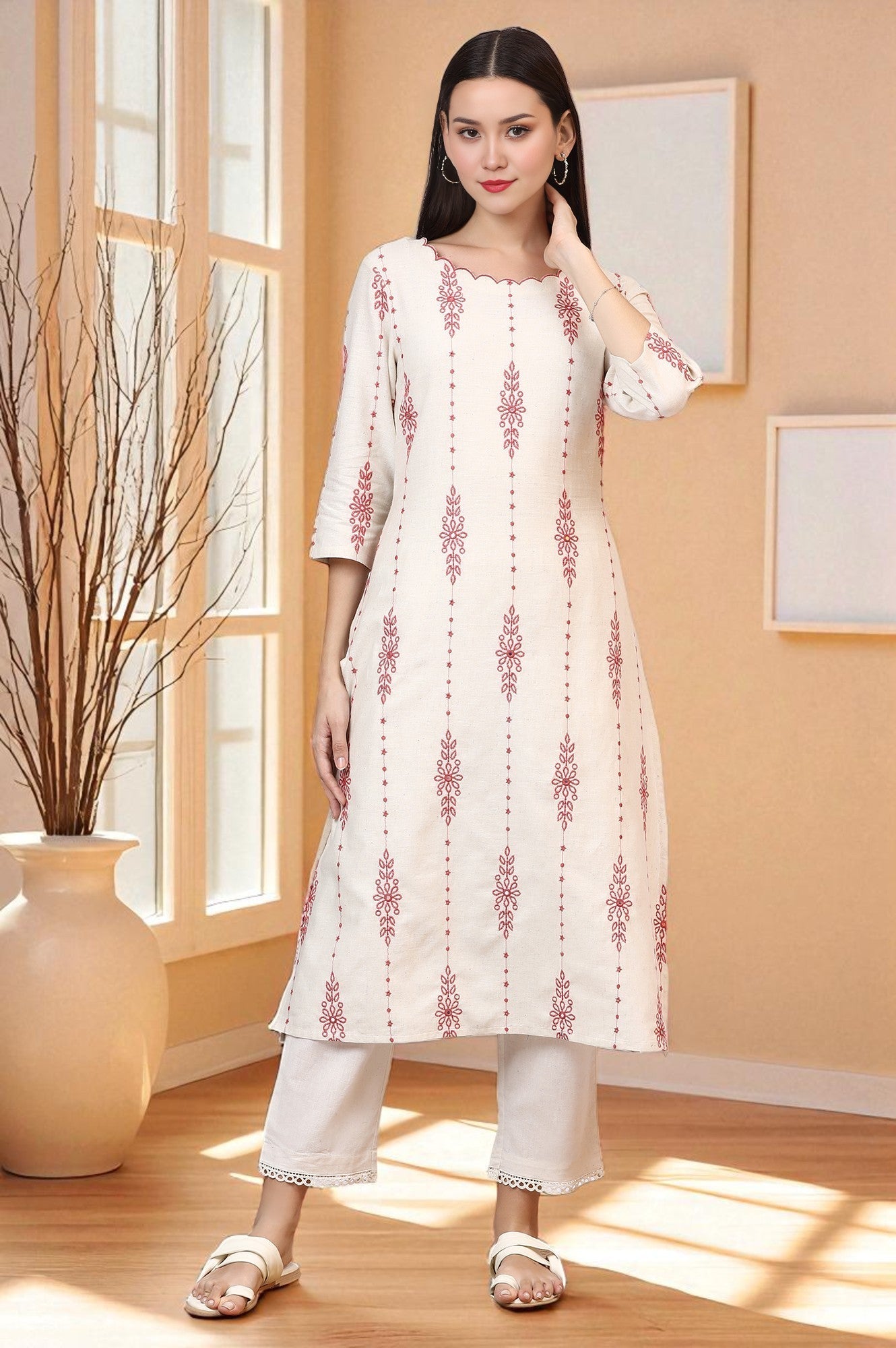 Light Beige Thread Embroidered Cotton Flax Straight Kurta