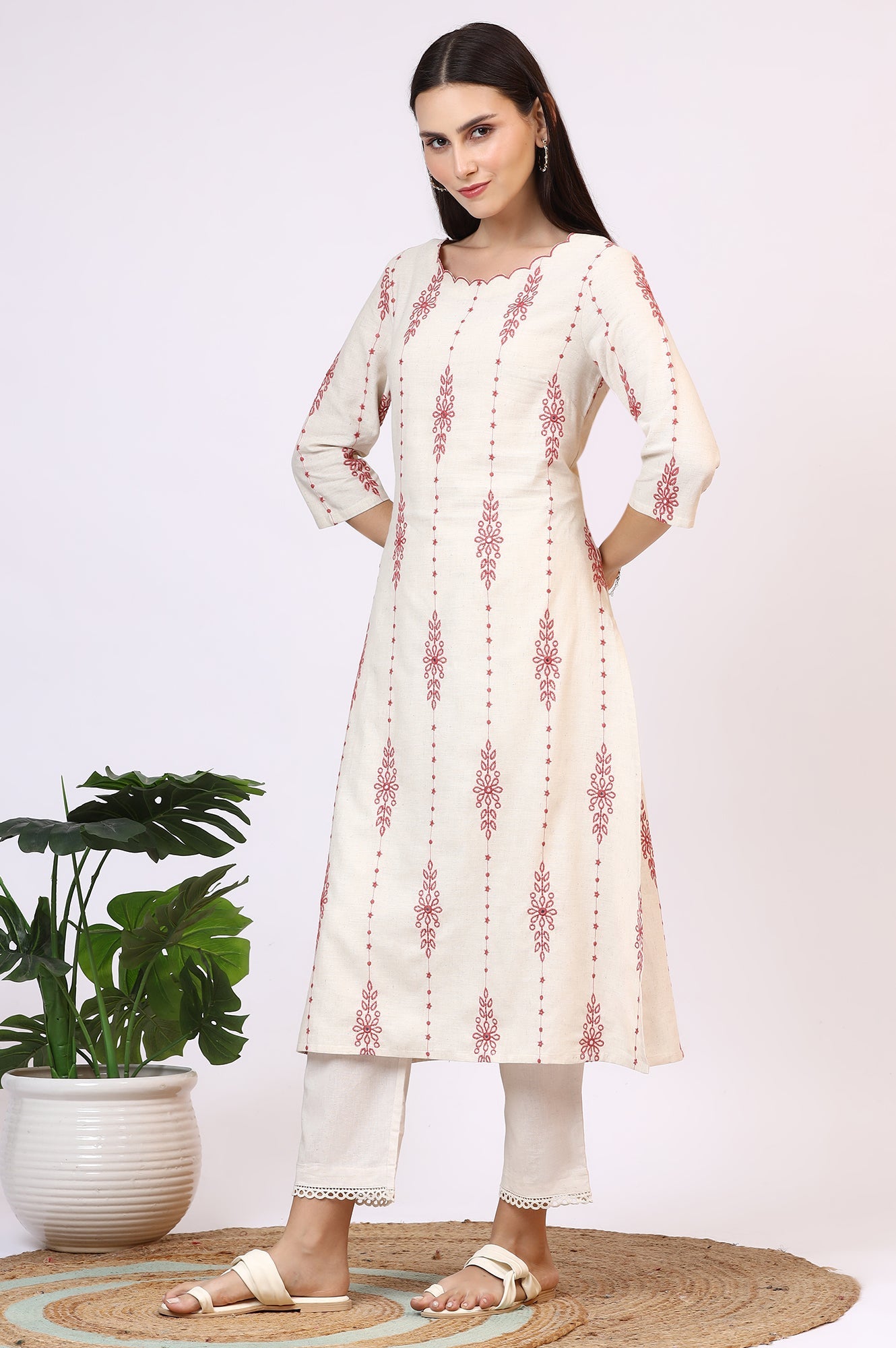 Light Beige Thread Embroidered Cotton Flax Straight Kurta