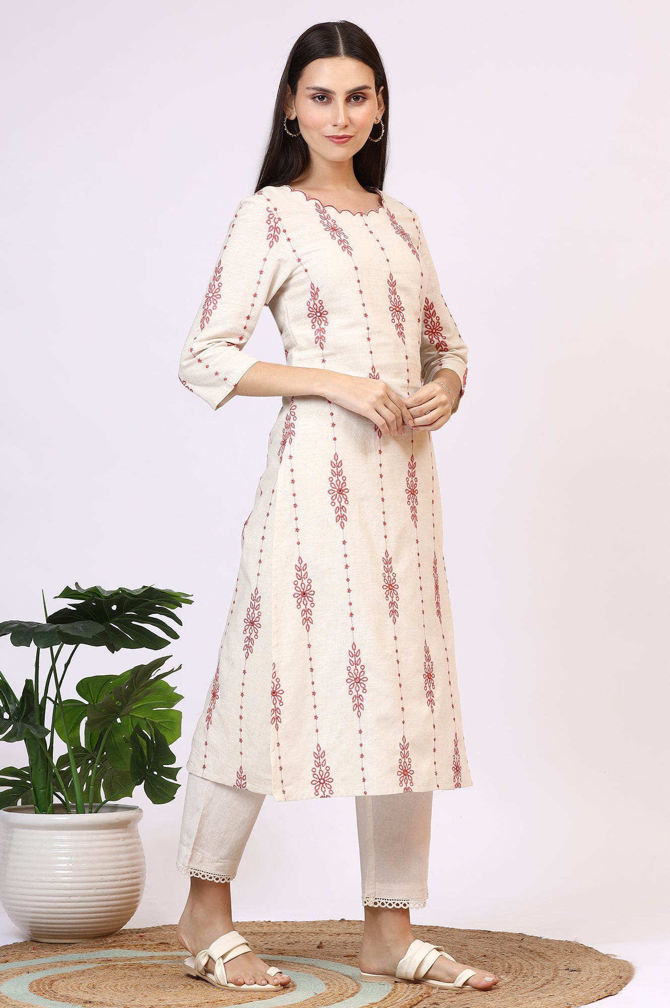 Light Beige Thread Embroidered Cotton Flax Straight Kurta