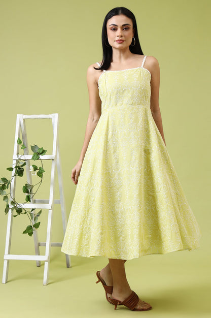 Lime Green Schiffli Embroidered Pure Cotton Flared Spaghetti Dress