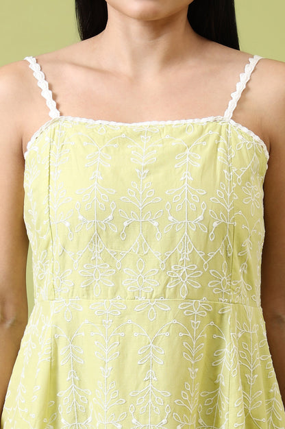 Lime Green Schiffli Embroidered Pure Cotton Flared Spaghetti Dress