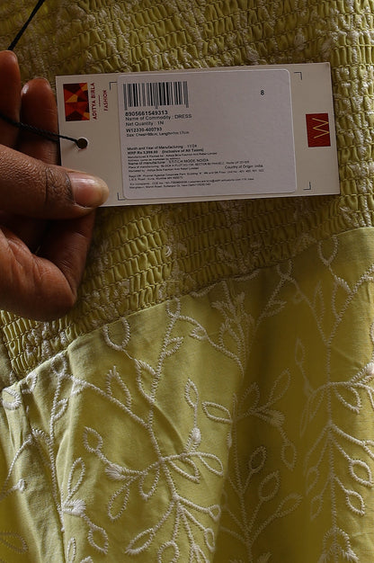 Lime Green Schiffli Embroidered Pure Cotton Flared Spaghetti Dress