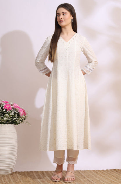 White Glitter Printed Pure Cotton Anarkali Kurta with Embroidery