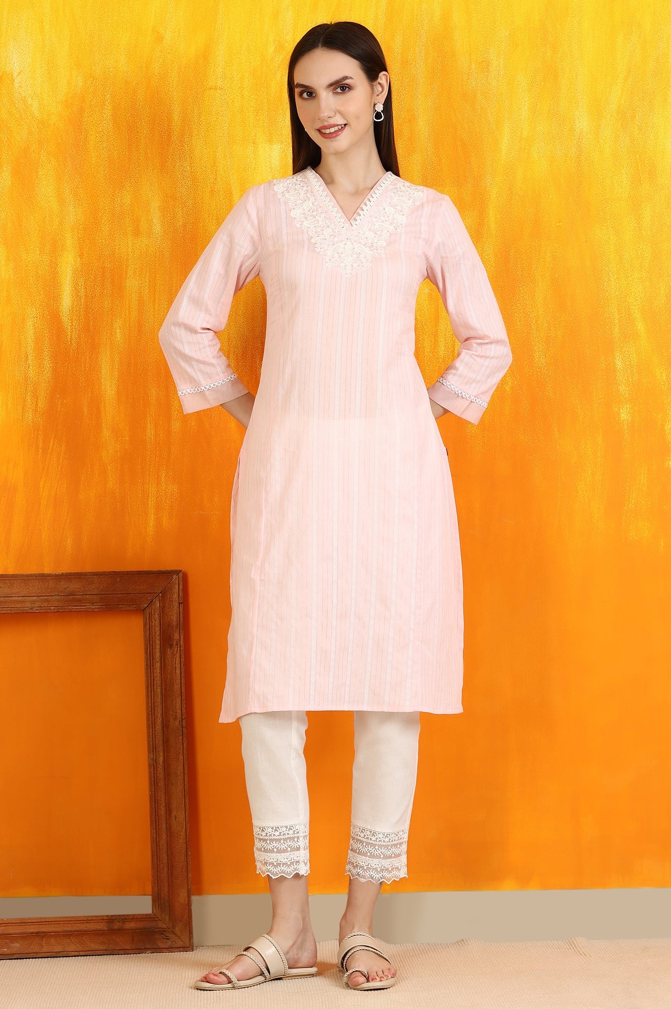 Light Pink Embroidered Cotton Lurex Straight Kurta