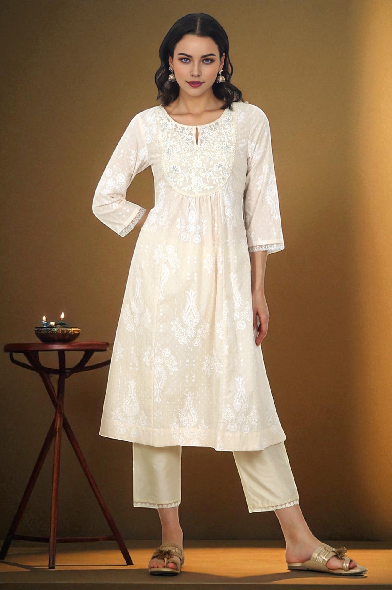 Daisy White Floral Printed Pure Cotton A-line Kurta