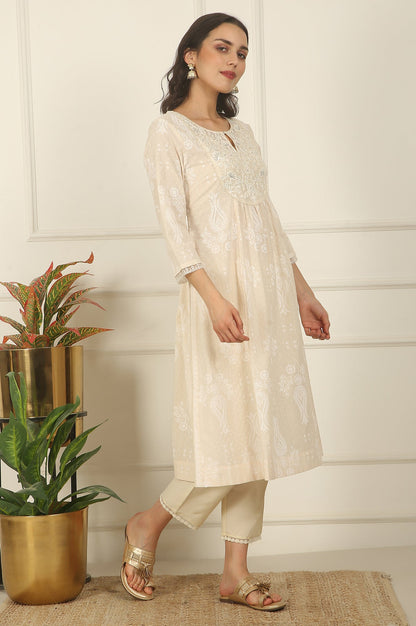 Daisy White Floral Printed Pure Cotton A-line Kurta