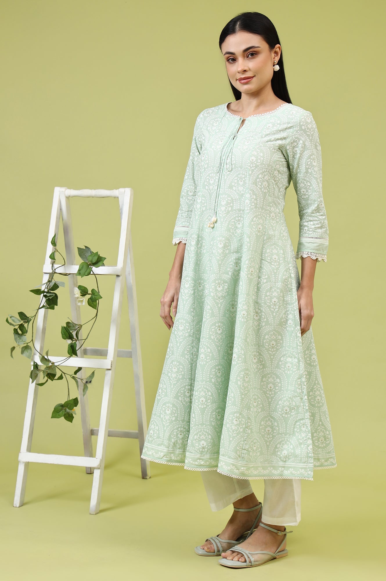 Mint Green Floral Printed Pure Cotton Anarkali Kurta