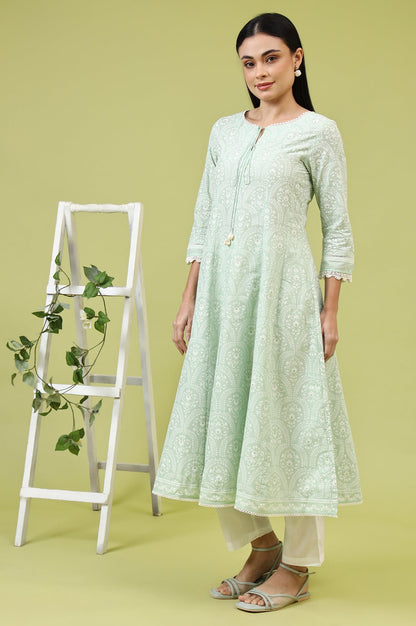Mint Green Floral Printed Pure Cotton Anarkali Kurta