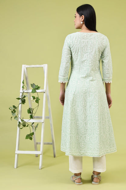 Mint Green Floral Printed Pure Cotton Anarkali Kurta