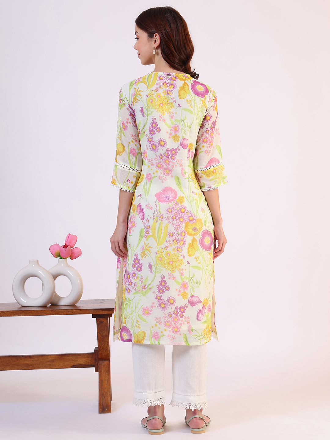 Cream Floral Printed Straight Kota Lace Kurta