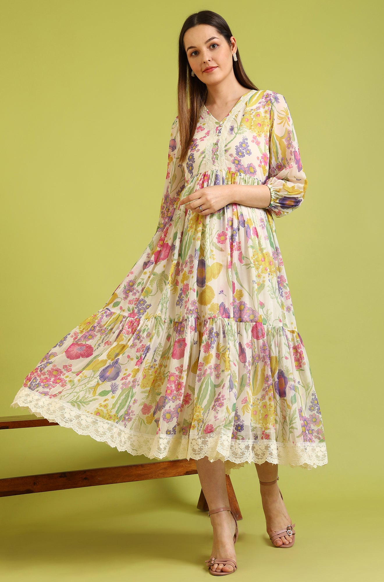 W for Woman White Floral Printed Tiered Chiffon Dress with Lace Detail
