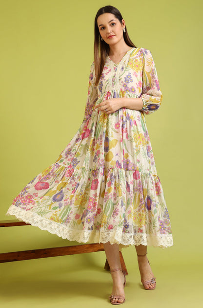 White Floral Printed Tiered Chiffon Dress with Lace Detail