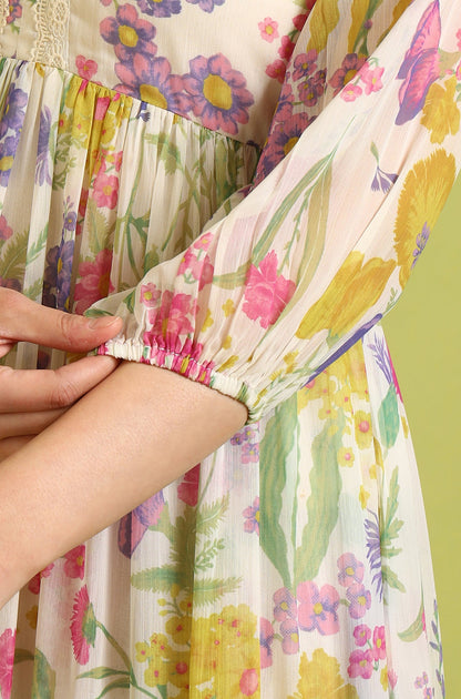 White Floral Printed Tiered Chiffon Dress with Lace Detail