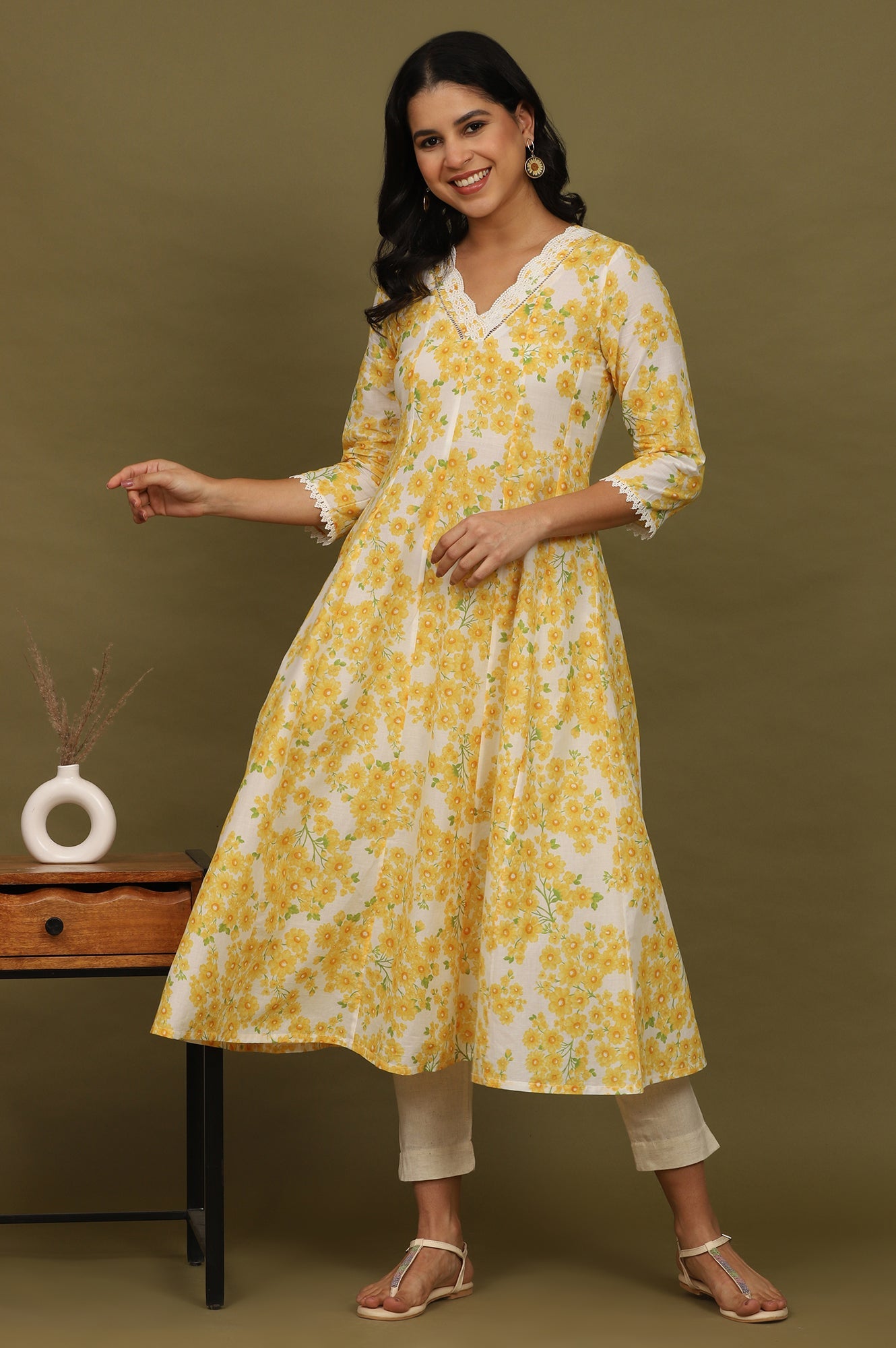 White and Yellow Floral Printed Pure Cotton Flared Kurta