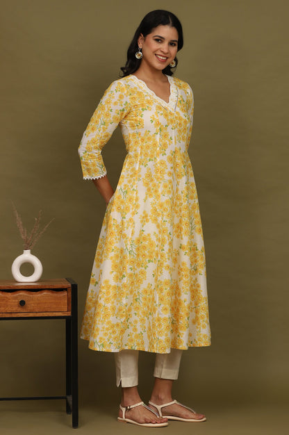 White and Yellow Floral Printed Pure Cotton Flared Kurta
