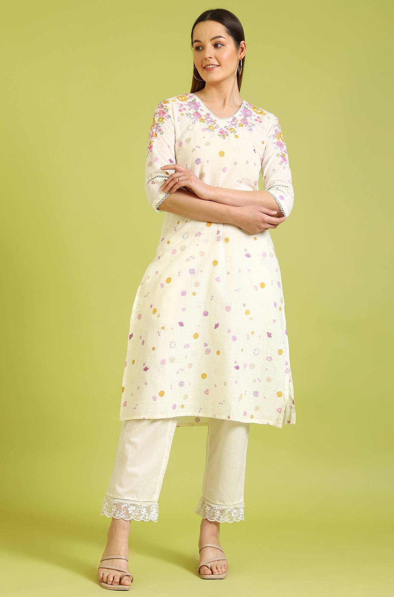White Floral Printed A-Line Pure Cotton Kurta