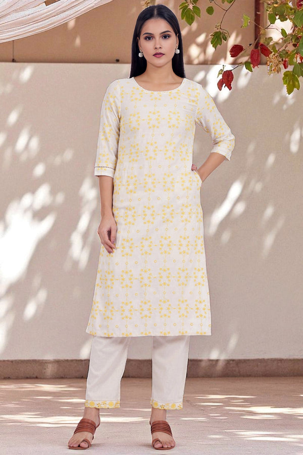 Beige Schiffli Embroidered Straight Rayon Flax Kurta