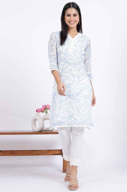 Beige Printed Lace Straight Polyester Kurta