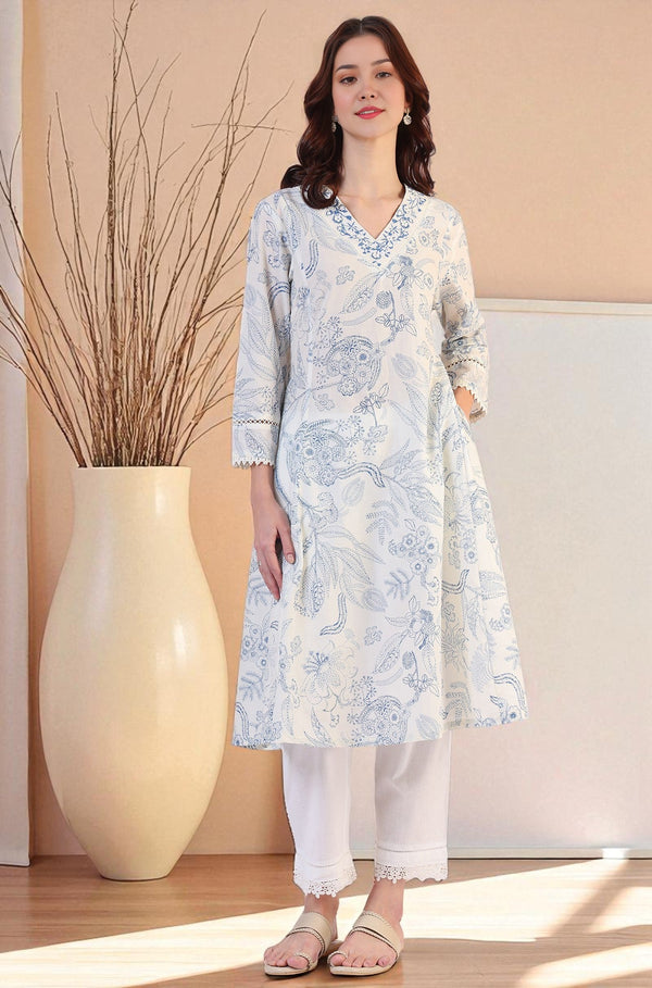 White Floral Printed Pure Cotton A-line Kurta with Kantha Embroidery