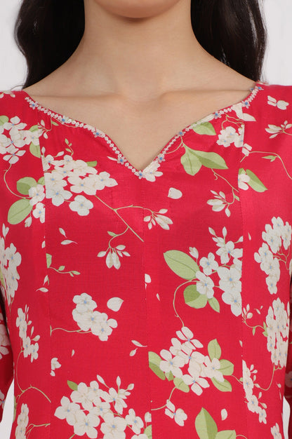 Red Floral Printed Rayon A-line Kurta