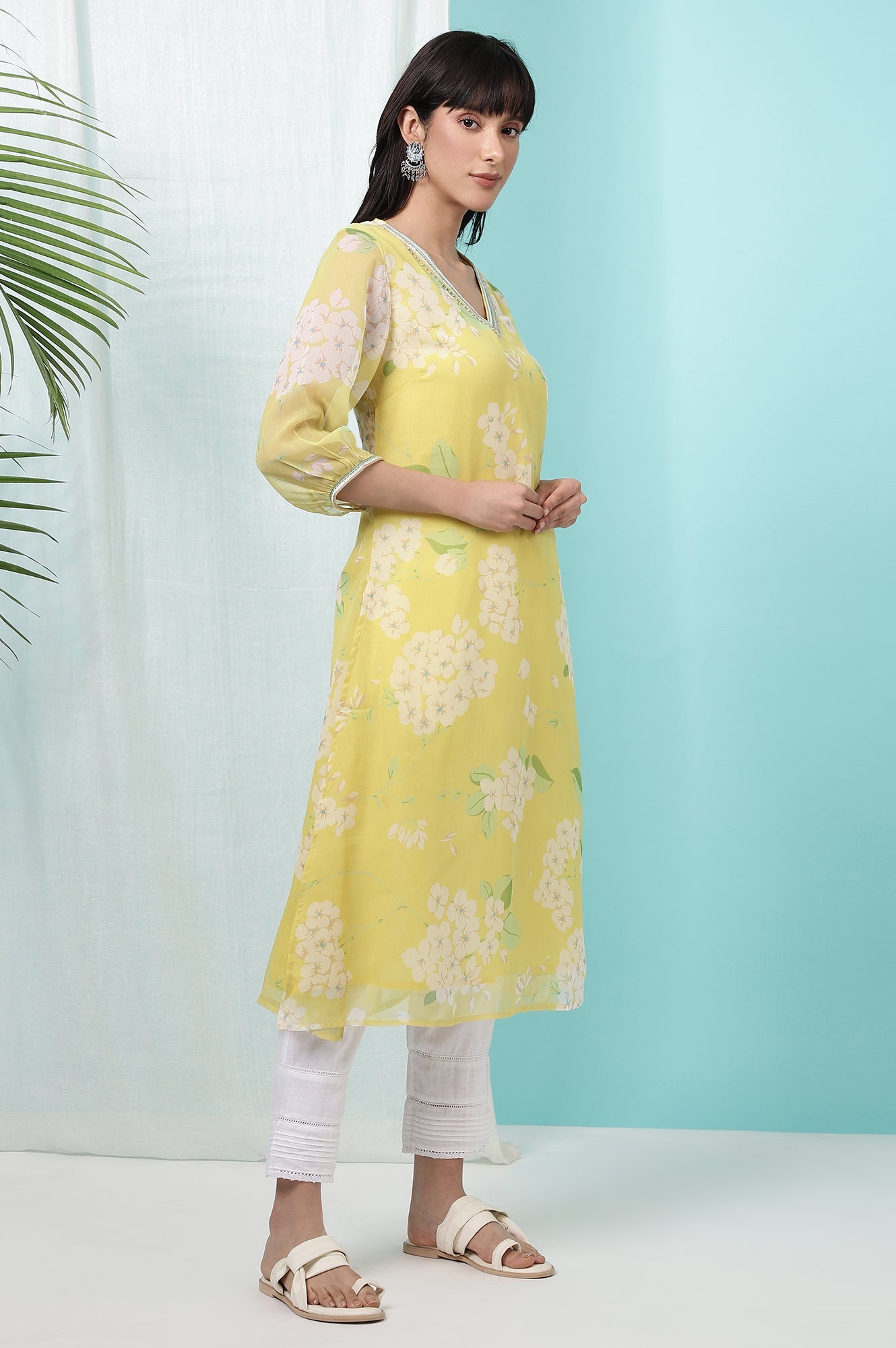 Yellow Floral Printed Chiffon Flared Kurta with Beads