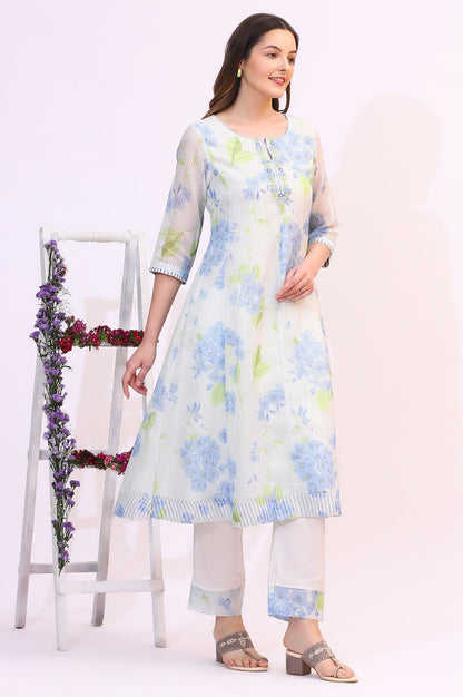 Off-White Floral Printed Kota Flared Kurta