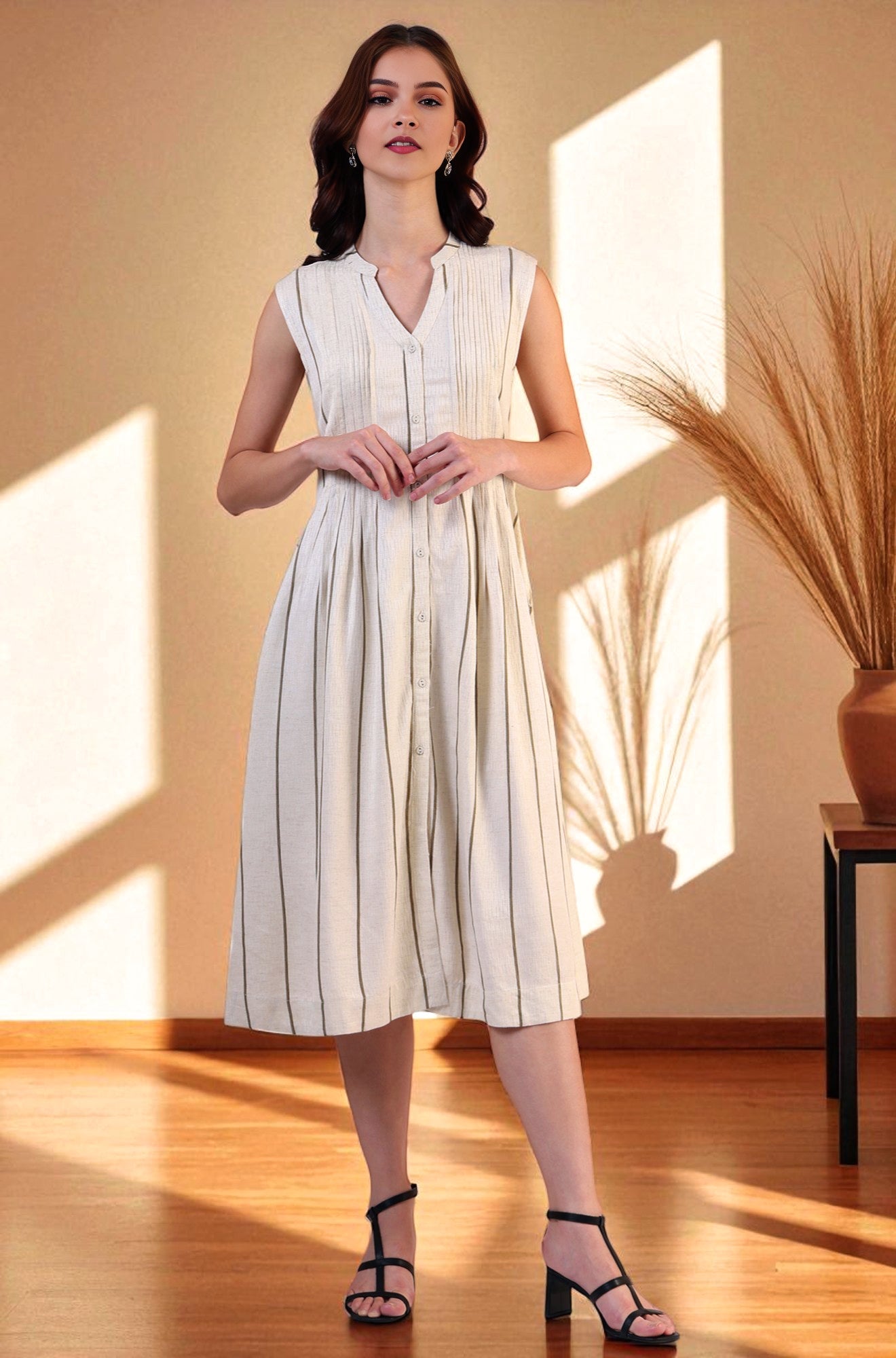 Off -White Striped Cotton Blend Flared Western Dress