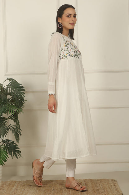 White Floral Embroidered Yoke Pure Cotton Anarkali Kurta