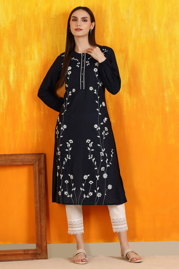 Black Thread Embroidered Cotton Modal Straight Kurta