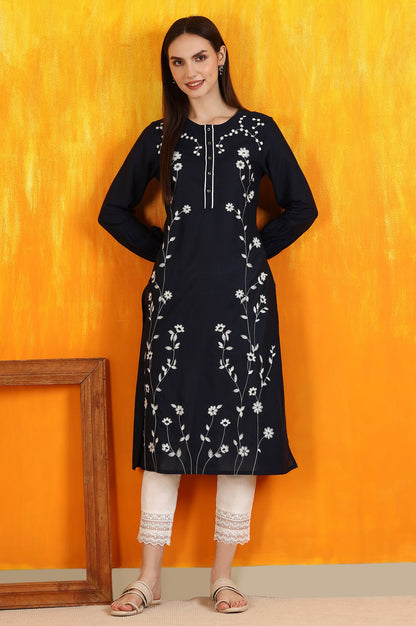 Black Thread Embroidered Cotton Modal Straight Kurta
