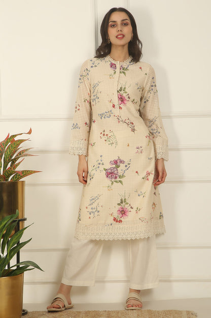 Off-White Floral Printed Checker Cotton A-line Kurta