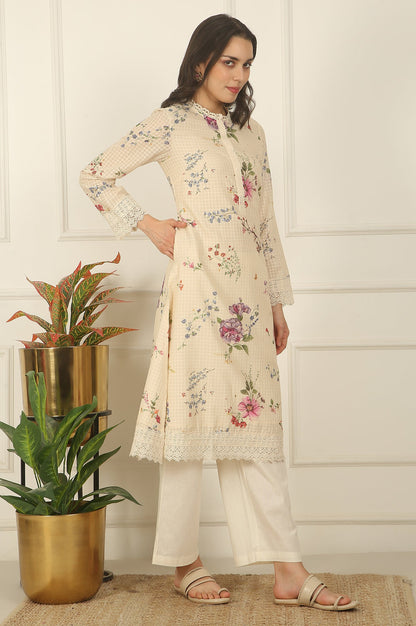 Off-White Floral Printed Checker Cotton A-line Kurta