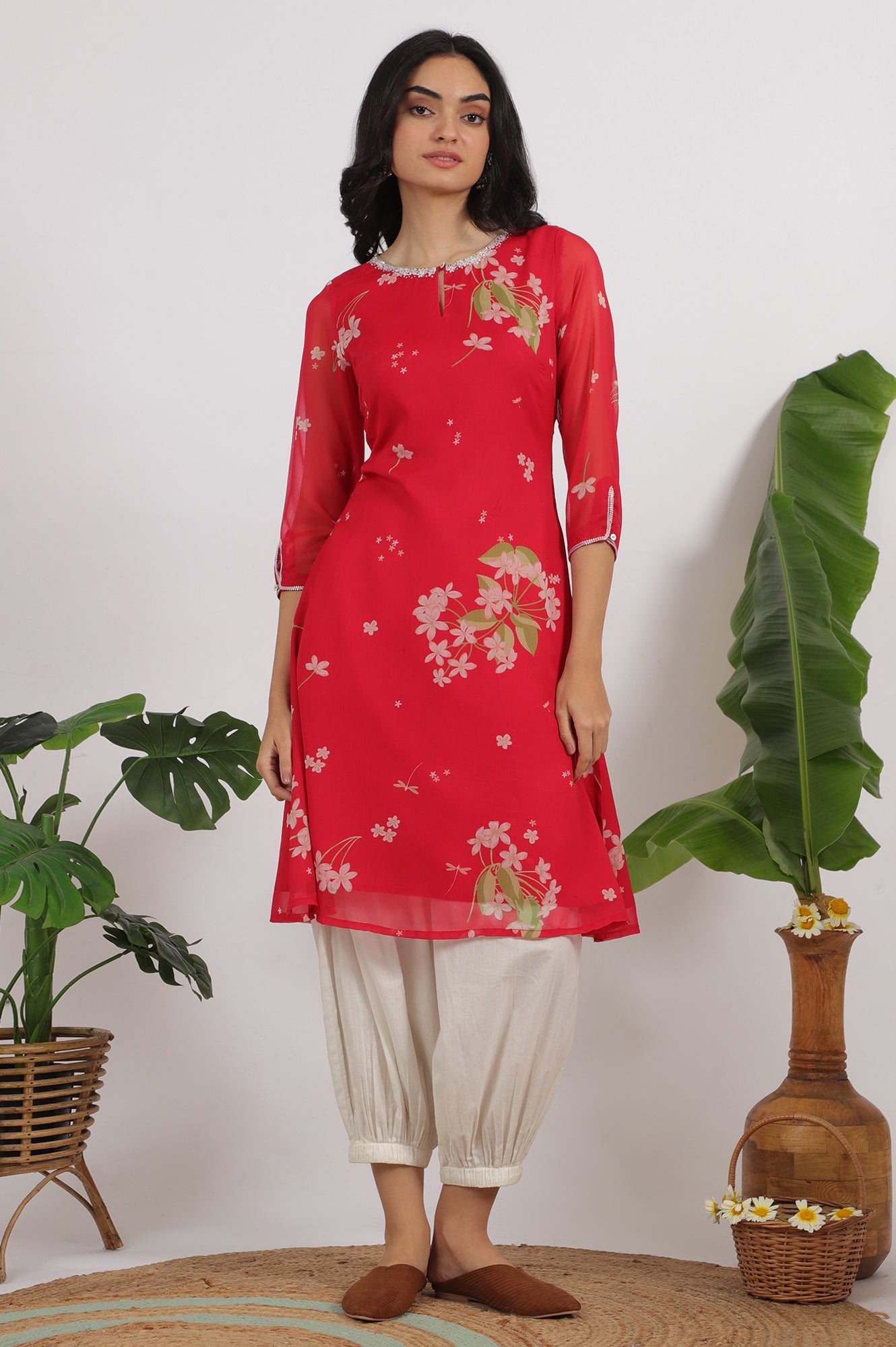Red Floral Printed Chiffon A-line Kurta
