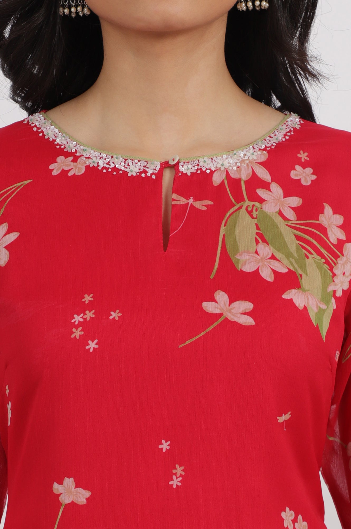 Red Floral Printed Chiffon A-line Kurta