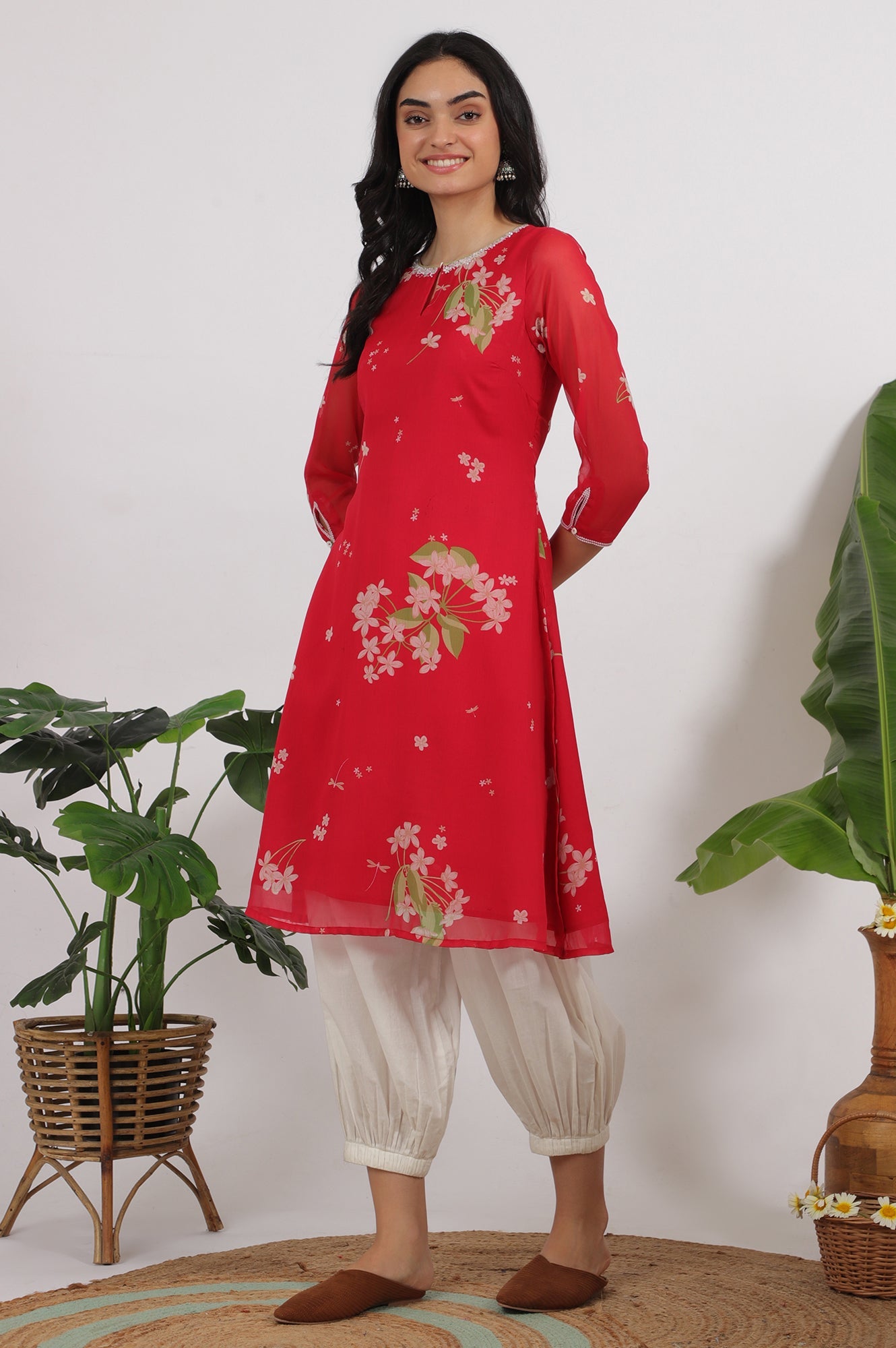 Red Floral Printed Chiffon A-line Kurta