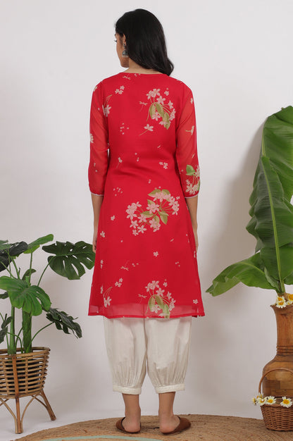 Red Floral Printed Chiffon A-line Kurta