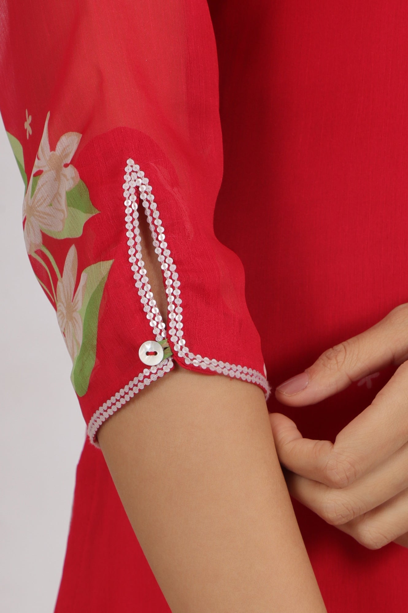 Red Floral Printed Chiffon A-line Kurta