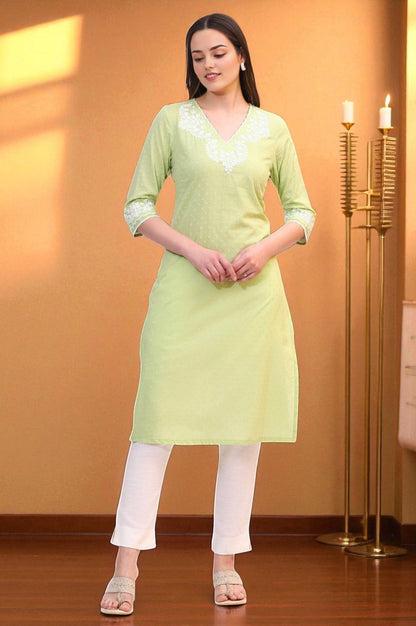 Pistachio Green Mirror Work Pure Cotton Straight Kurta