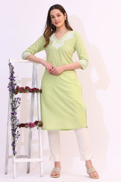 Pistachio Green Mirror Work Pure Cotton Straight Kurta