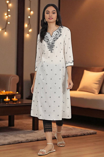 White Printed Cotton Lurex Dobby Flared Kurta with Embroidered Yoke